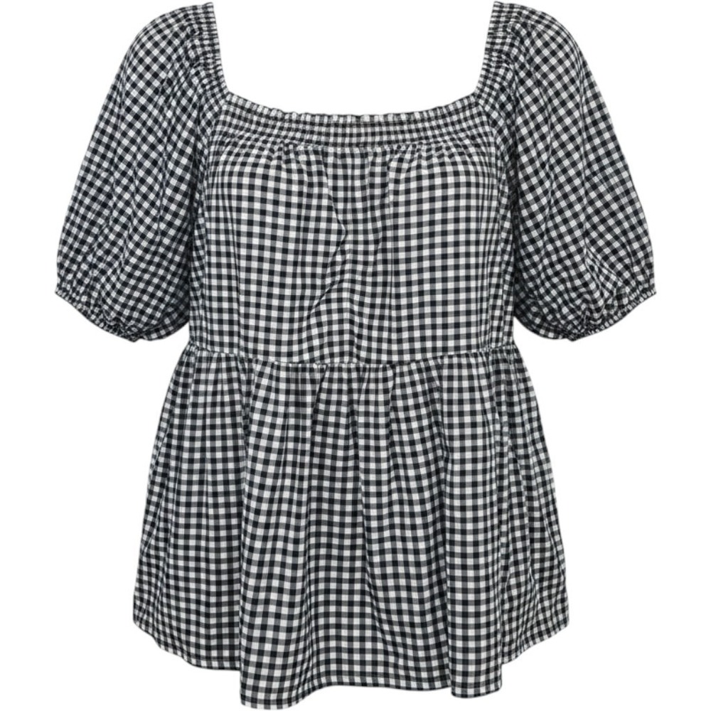 Terra Sky Women's Plus 2X Navy Gingham Smocked Balloon Sleeve Cropped Top Blouse